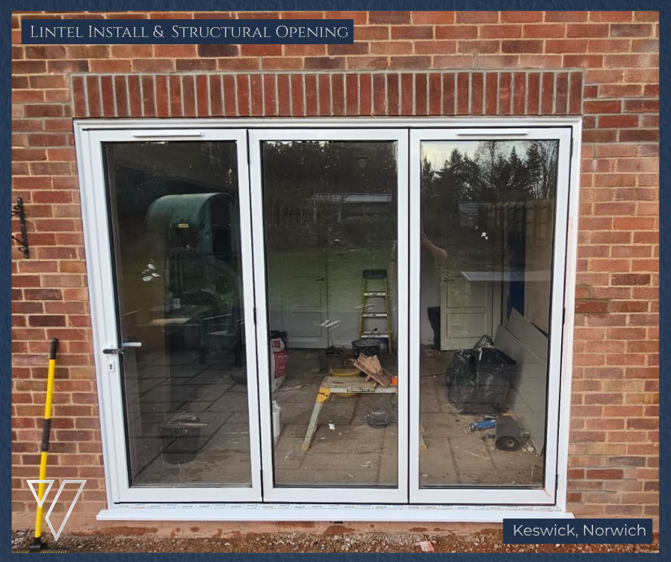 Structural opening and bifold door installation with soldier course brickwork in Keswick, Norwich