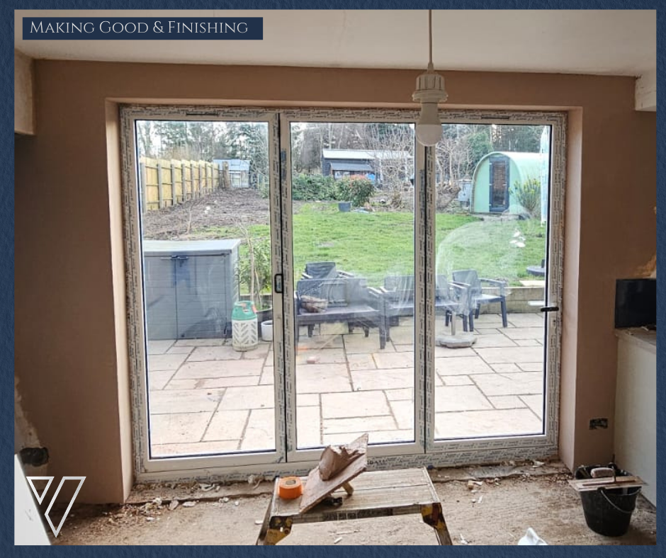 Internal plastering and finishing work completed after structural opening and bifold door installation in Keswick, Norwich.